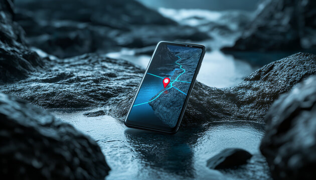 A smartphone in portrait mode displaying a GPS app, with a bright red pin and a blue route highlighting the way to a mountain hiking trail.