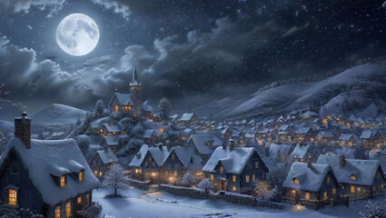 A snowy village under a full moon with twinkling lights at night