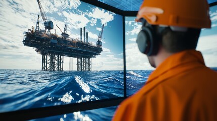 A team of engineers using 3D modeling software to create an offshore oil platform, with screens displaying structural details and ocean wave simulations.