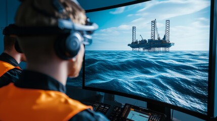A team of engineers using 3D modeling software to create an offshore oil platform, with screens displaying structural details and ocean wave simulations.