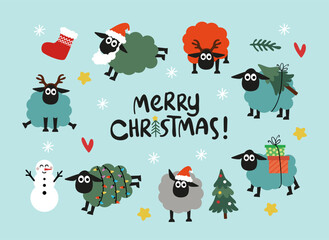 Naklejka premium Christmas sheep collection. Adorable sheep with Christmas elements.