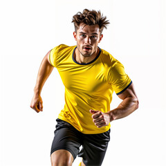 Male soccer player wearing yellow jersey in action pose