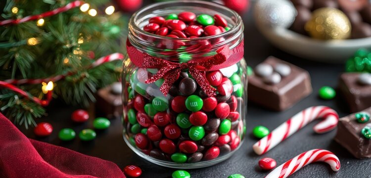 A clear jar filled with red and green M&Ms, surrounded by ribbon-wrapped chocolates and candy canes, presented on a table with festive holiday napkins and a small Christmas tree