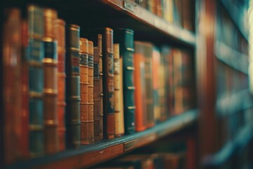 Blurred bookshelf in vintage library room for background design.