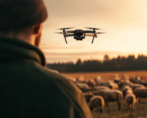 A zoologist standing in a field with a herd of grazing animals, using a drone to capture aerial footage of their movements and interactions.