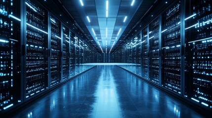 Fototapeta premium A long hallway in a data center contains many servers