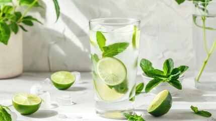 Organic lemonade made with sparkling water, lime, mint in tall glass with ice on white table
