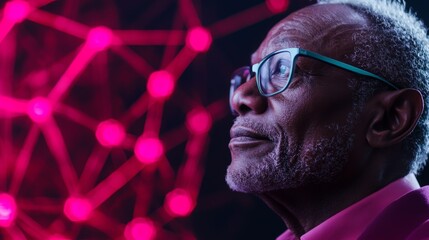An elderly African cybersecurity expert explaining encryption methods to a young colleague, with flowcharts and digital security diagrams on a whiteboard.