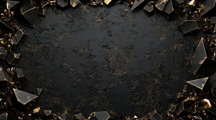Naklejka premium Dark and dramatic fantasy background featuring sharp, jagged black rocks with metallic gold accents, creating a luxurious and mystical atmosphere, perfect for game design, posters, or digital art