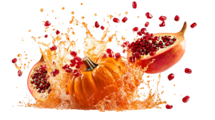 An energetic splash of pumpkins and pomegranates colliding, with seeds and juice scattering. Isolated on white background