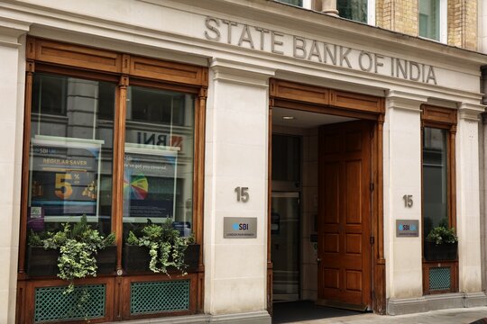 LONDON, UK - JULY 9, 2024: State Bank of India (SBI) bank branch in the City of London, UK.