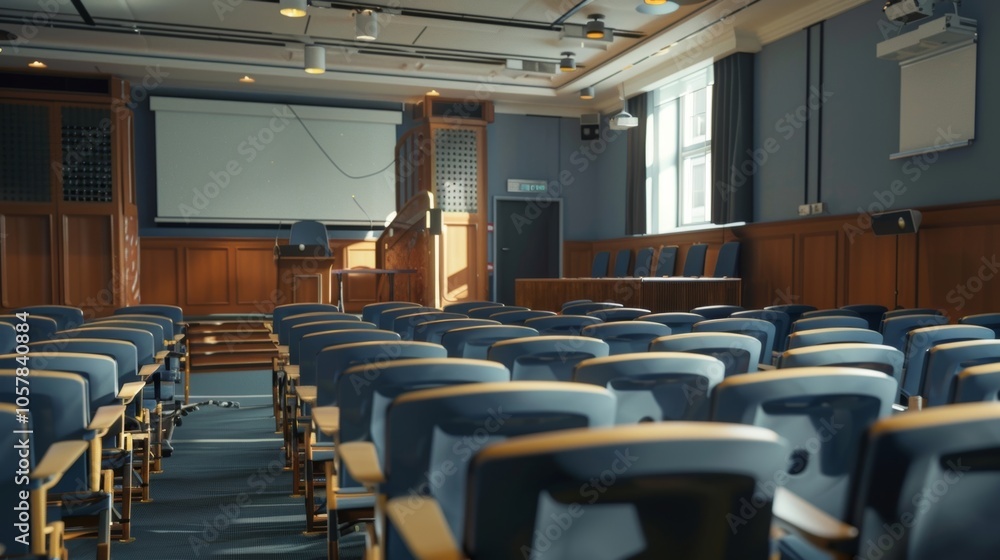 Poster sunlight streaming through the window illuminates rows of empty chairs in a university lecture hall,