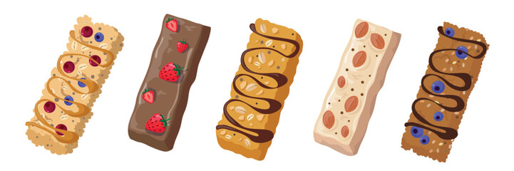 Set of healthy granola bars in cartoon style.Vector illustration of delicious bars made of oatmeal, cranberry,blueberry,strawberry,almond,covered with caramel,chocolate isolated on a white background.