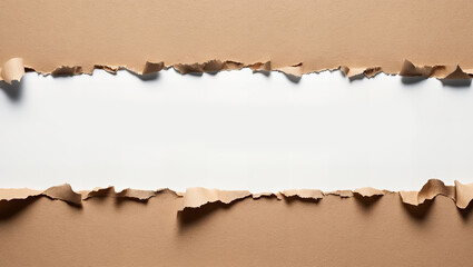Brown paper torn on both sides reveals a clean white background, creating a textured, minimalist frame.