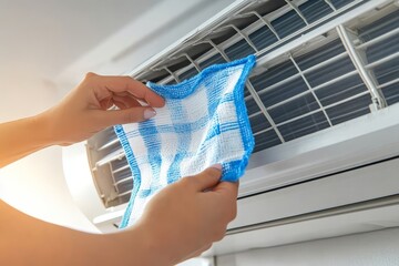 A person diligently cleaning an air conditioning filter to ensure optimal performance in a well-lit indoor space during the afternoon