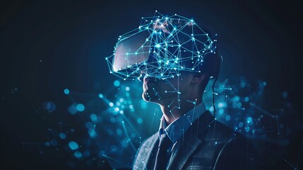 smart caucasian businessman double exposure with virtual reality screen connecting line smart technology ideas concept 