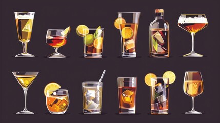 Strong Spirits Set. Hard alcoholic drinks in glasses in assortment: vodka, cognac, tequila, brandy and whiskey, grappa, liqueur, vermouth, tincture, rum. 