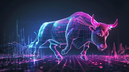 trading with angry bull on stock chart pattern, mode futuristic, color neon glow 