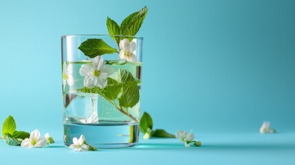 Transparent glass of fresh cocktail with mint leaves and flowers placed on surface against blue background 