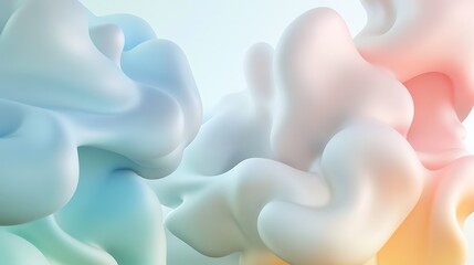 A 3D abstract background featuring soft, cloud-like forms in pastel shades