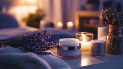 A night cream jar on a bedside table, surrounded by relaxing elements like candles and lavender, emphasizes a relaxing nighttime skincare routine.