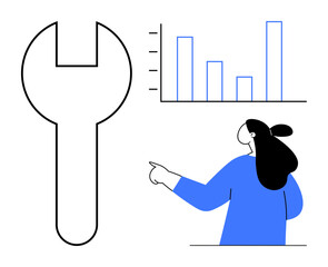 Woman pointing at a bar chart with a wrench beside her. Ideal for business analytics, tools, strategy planning, data analysis, presentations. Modern minimalist illustration style