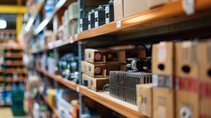 Cardboard boxes containing plumbing and electrical equipment are stacked and waiting on metal shelves in a warehouse or distribution center