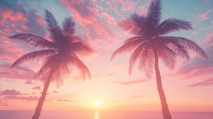 Two palm trees silhouetted against a vibrant sunset sky over the ocean.