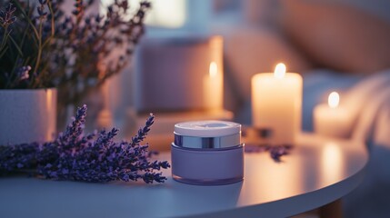 A night cream jar on a bedside table, surrounded by relaxing elements like candles and lavender, emphasizes a relaxing nighttime skincare routine.
