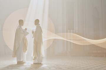 Unrecognizable priests in white robes praying beneath warm sunrays in church
