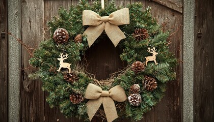 A close-up of a rustic Christmas wreath made from grapevine, adorned with pinecones, burlap bows, and tiny wooden reindeer ornaments, hanging on a barn door.