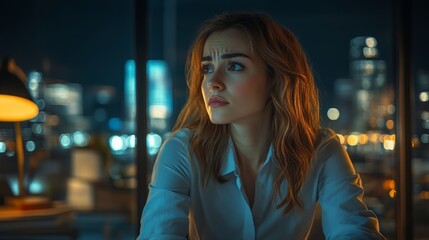 Businesswoman in a modern setting, overwhelmed by workload, late hours