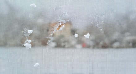 Snowflakes stuck on a mesh screen with blurred winter background.