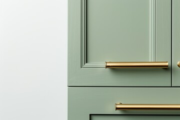 Cabinet door samples in market in a row. Green Kitchen wooden cabinet door, brass door handles, furniture isolated on white. Chic look in the room. Trendy interior units. Home improvement concept.