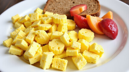Plate of breakfast food, including scrambled eggs and a slice of rye bread with tomato.