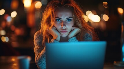 Businesswoman, laptop screen glowing, stressed expression, late-night work