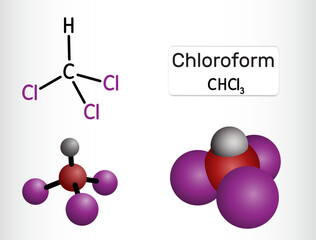 Chloroform or trichloromethane molecule. Anesthetic, euphoriant, anxiolytic and sedative. Structural chemical formula, molecule model. Vector