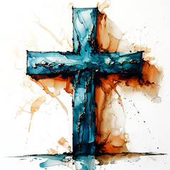 Graceful blue cross bursting with vibrant color drips against a warm background