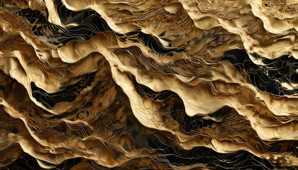 Drawn abstract waves of golden foil with black pieces