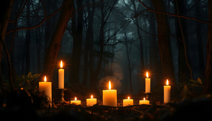 magic candles in fabulous Night forest. mysterious fairy scene. witchcraft ritual. dark natural Background. Samhain, Halloween holiday concept isolated with white highlights, png
