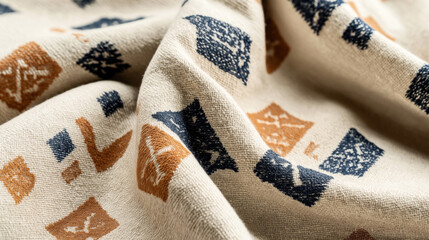 Close-up view of beige fabric with abstract blue and orange geometric patterns, showing texture and...