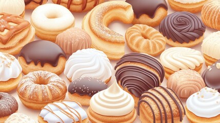 A vibrant assortment of delicious donuts arranged artfully on a surface, showcasing various flavors and toppings for savory enjoyment