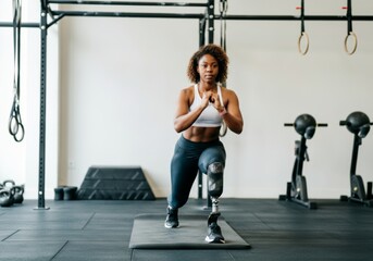 Fototapeta premium Female athlete with prosthetic leg performing lunges in gym environment