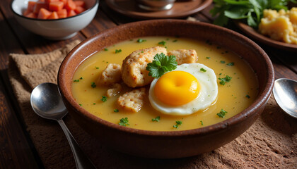 Delicious soup with dumplings and fried egg in rustic bowl