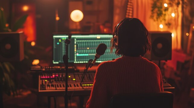 A pop recording session in a modern studio with the singer at the microphone and the producer mixing the sound, showing what goes on behind the scenes of making a hit song.