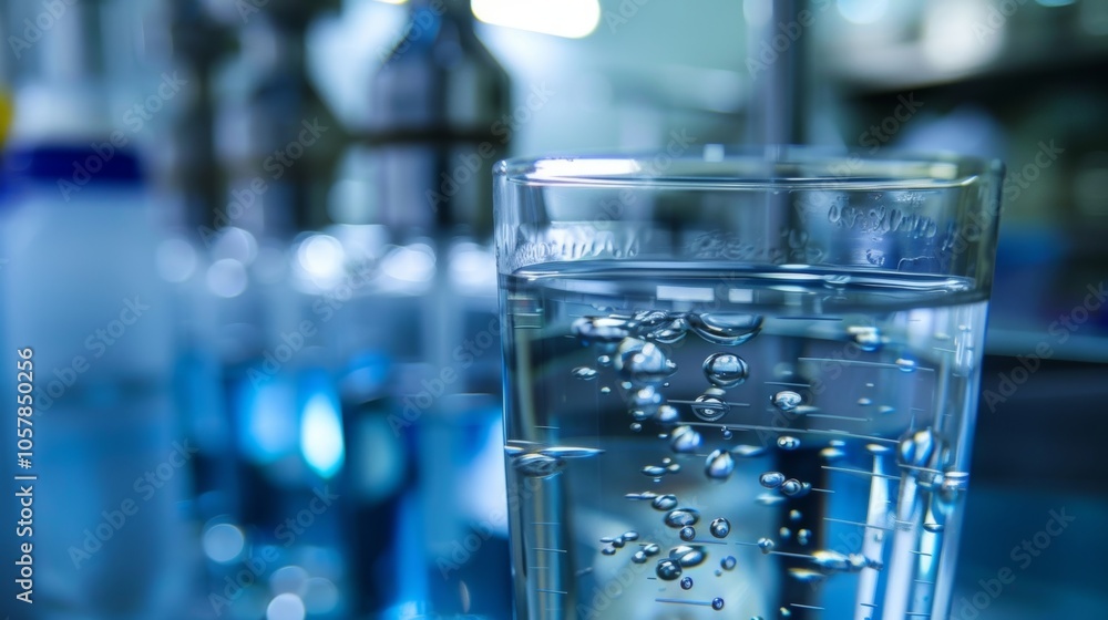 Poster beaker containing liquid is bubbling in a science research lab setting with additional lab equipment
