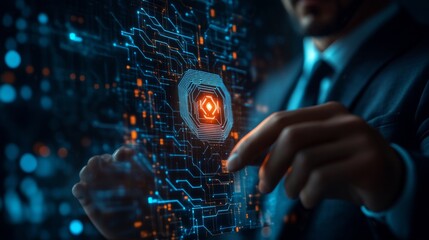Naklejka premium Businessman with illuminated AI lightbulb, representing the impact of AI on future tech