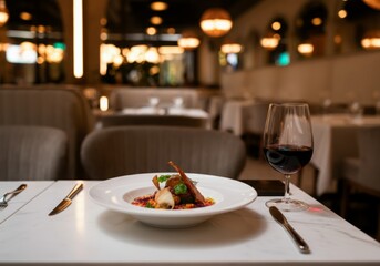 Elegant restaurant dining table with dish and red wine glass