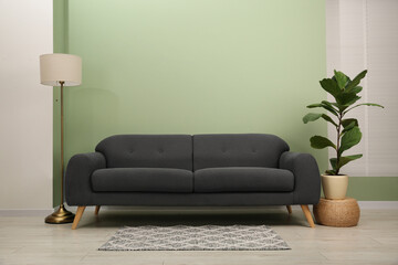 Stylish sofa, lamp and houseplant near green wall indoors