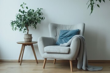Minimalist Scandinavian home design with modern furniture and plants.